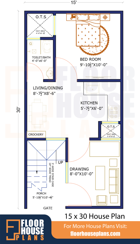 15 x 30 House Plan With 1 Bedroom and a Fully Ventilated Floor Plan