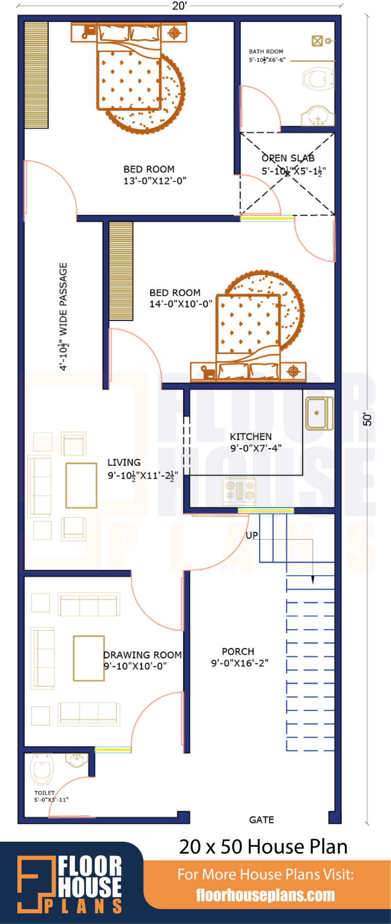 20 x 50 House Plan With Car Parking