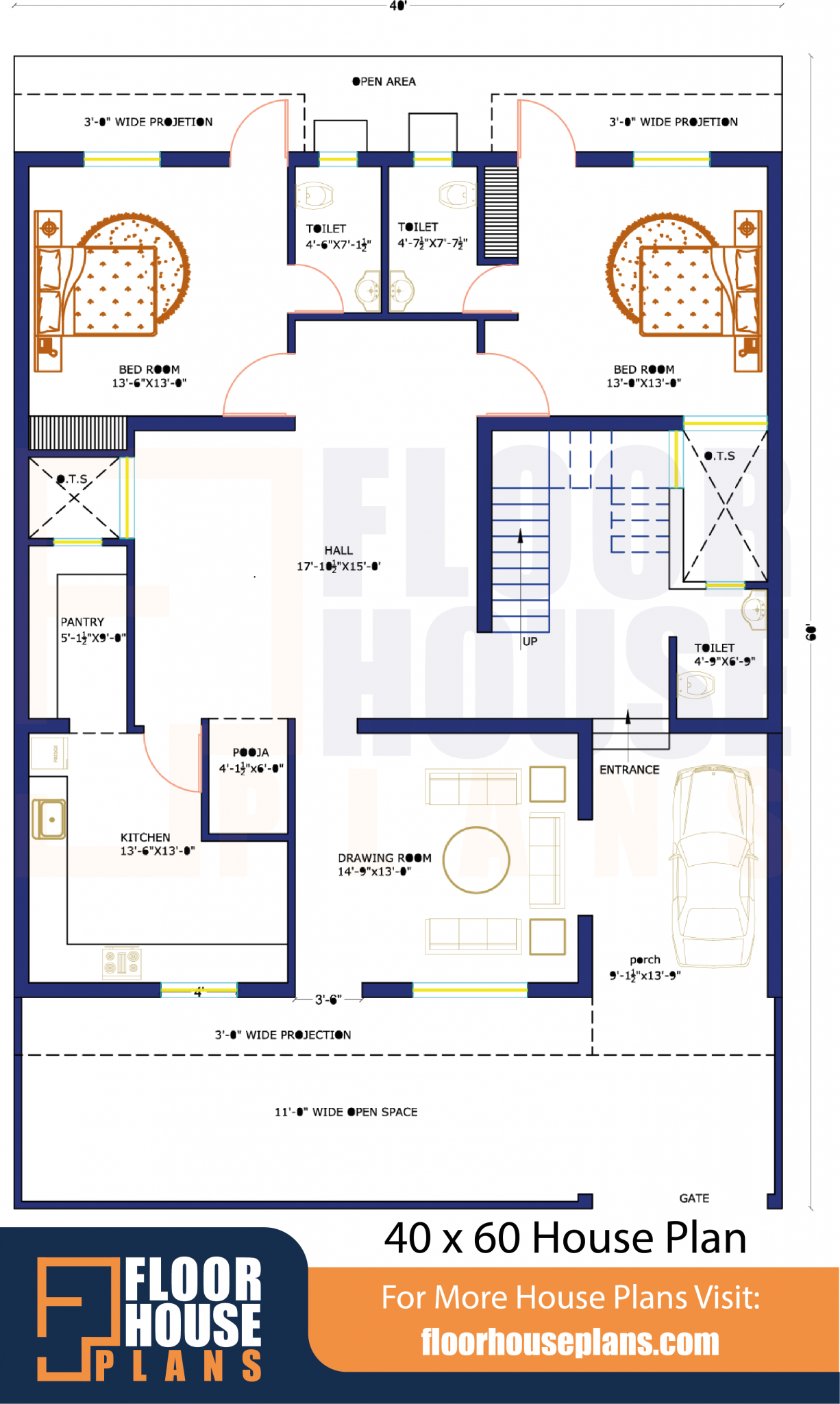 40 x 60 House Plan East Facing With Garden