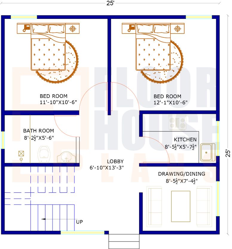 25 x 25 House Plan With Two Bedrooms