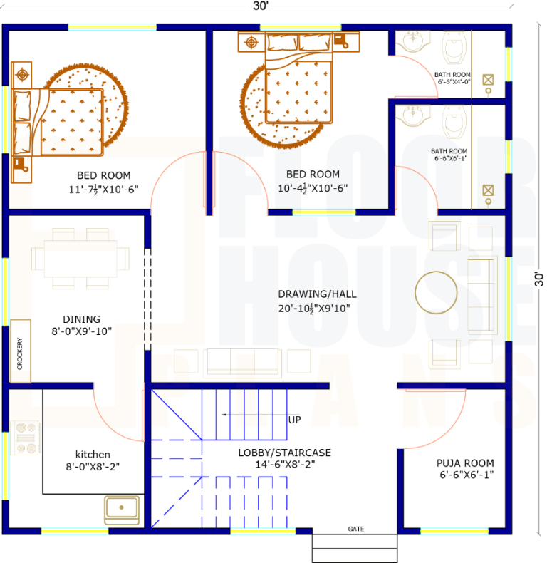 30ft by 30ft House Plan With Two BHK