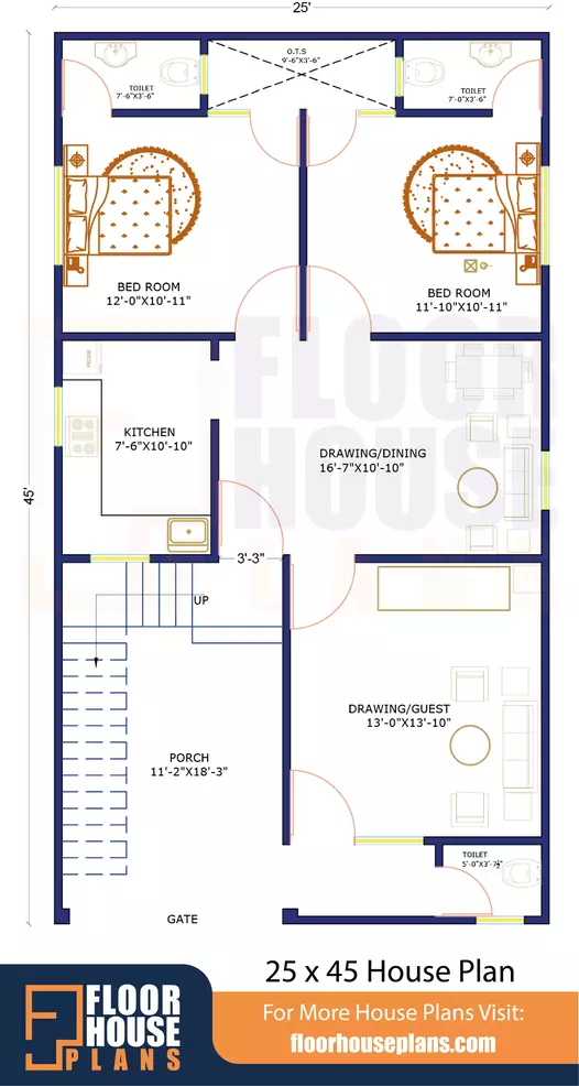 25 x 45 House Plan with Car Parking: Spacious 3BHK layout featuring porch, car parking area, drawing-guest room, lobby-dining area, kitchen, bedrooms, and open to sky area.